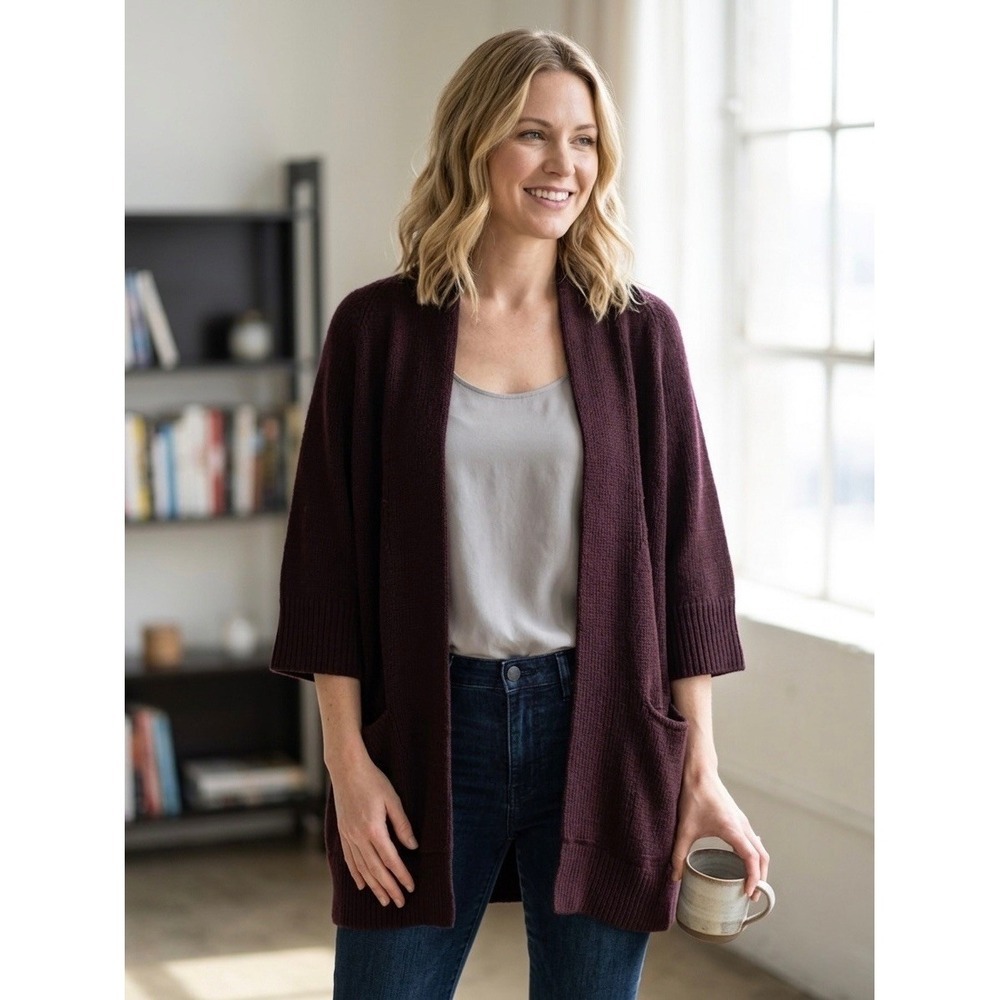 Vince Burgundy Wool Blend Open Front Cardigan Sweater Shawl Collar Plum 72149 S